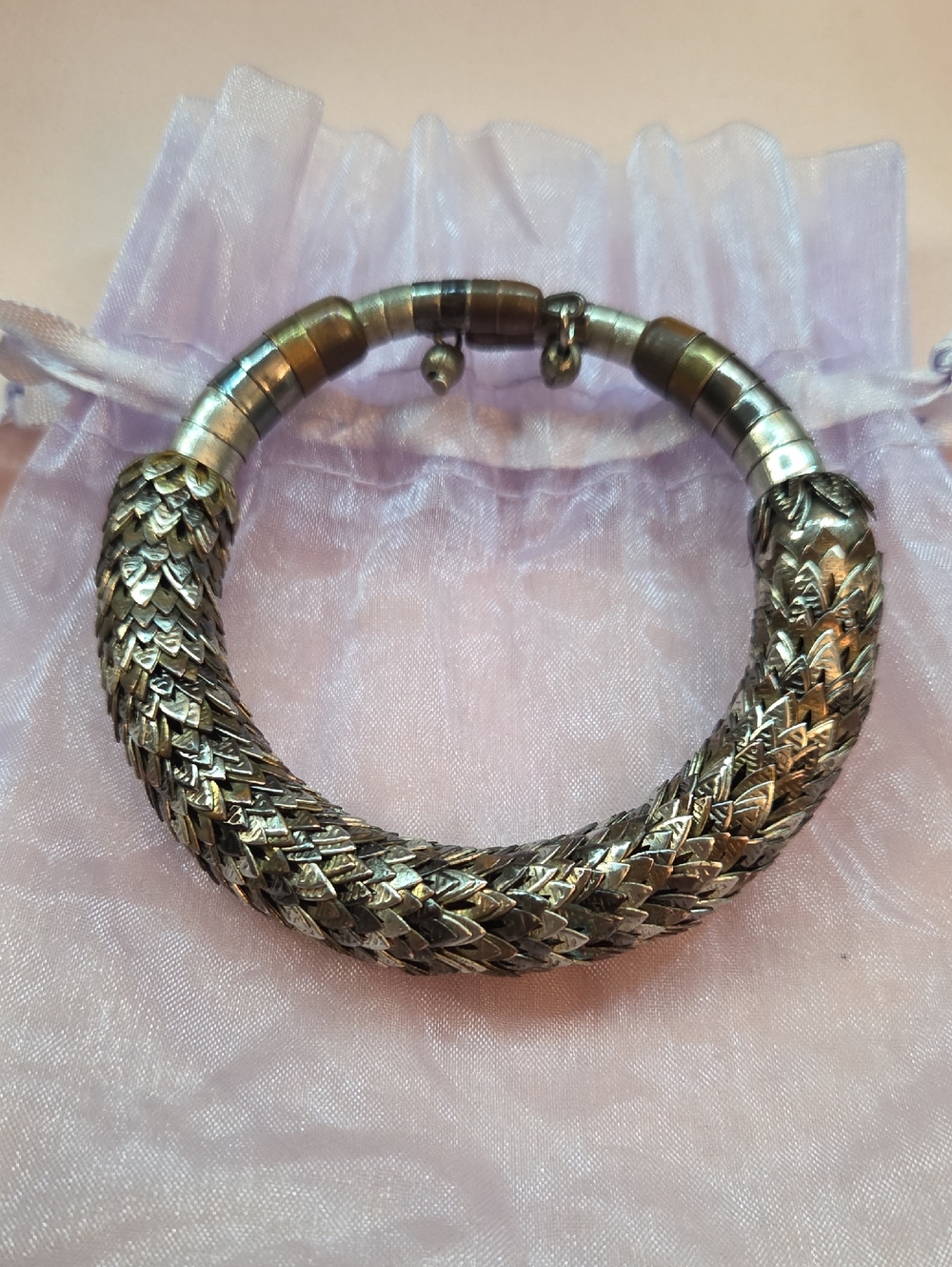 Vintage Silver Tone Scale Torque Bracelet Memory Wire Cuff